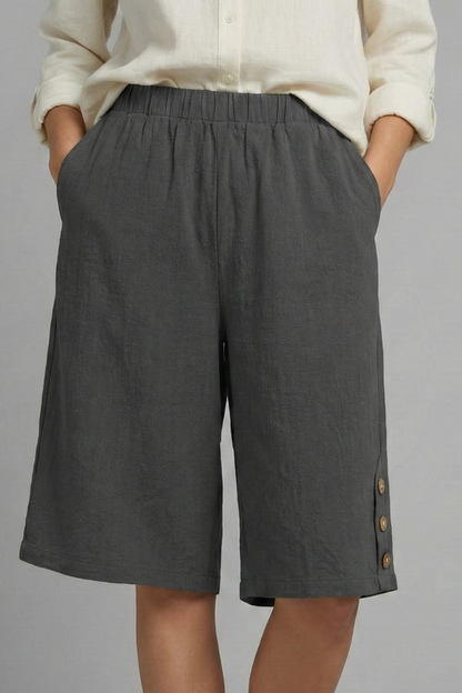 Effortless Textured Bermuda Shorts for Women with Elastic Waist Wide Leg Button Detail Relaxed Style