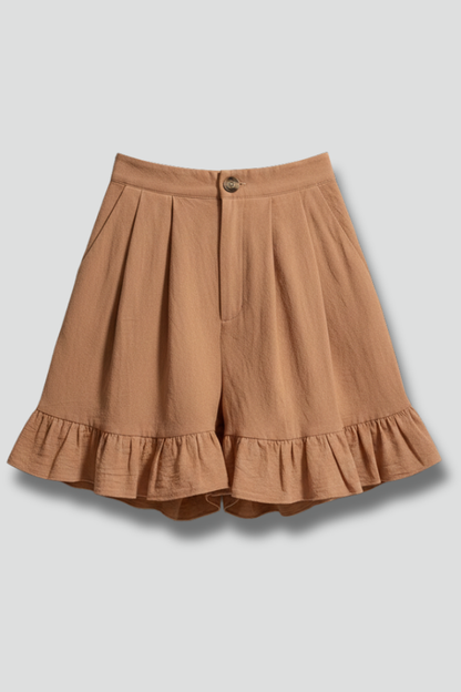 Effortless Textured Linen Shorts for Women with High Waist Button Front Pleated Ruffle Hem Style