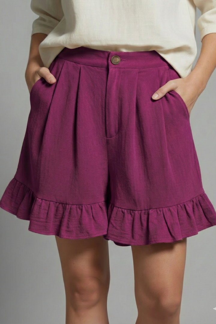 Effortless Textured Linen Shorts for Women with High Waist Button Front Pleated Ruffle Hem Style