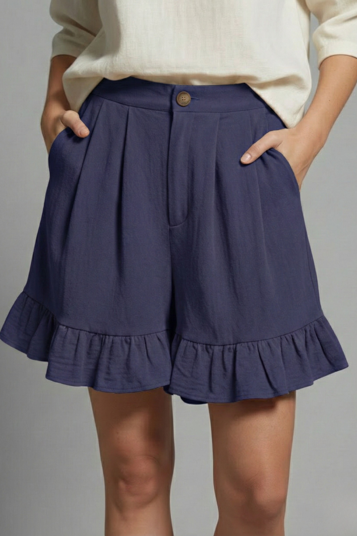 Effortless Textured Linen Shorts for Women with High Waist Button Front Pleated Ruffle Hem Style