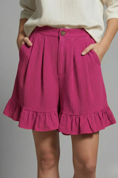 Effortless Textured Linen Shorts for Women with High Waist Button Front Pleated Ruffle Hem Style