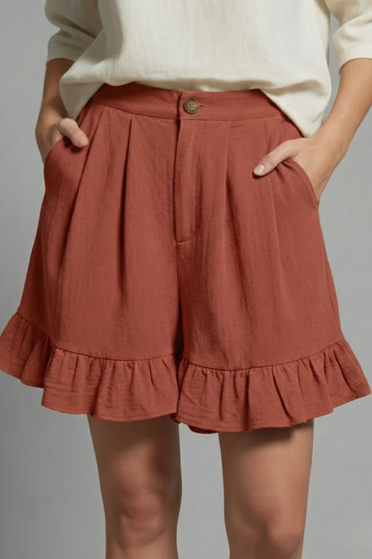 Effortless Textured Linen Shorts for Women with High Waist Button Front Pleated Ruffle Hem Style