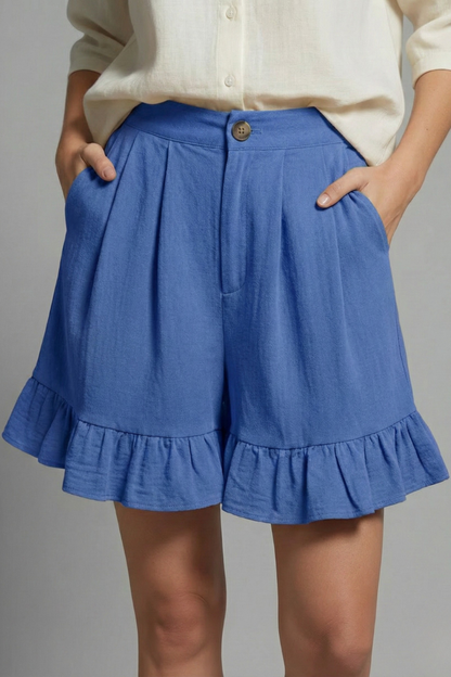 Effortless Textured Linen Shorts for Women with High Waist Button Front Pleated Ruffle Hem Style