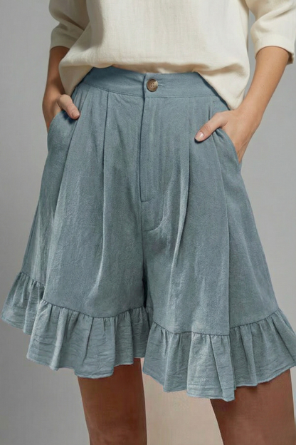 Effortless Textured Linen Shorts for Women with High Waist Button Front Pleated Ruffle Hem Style