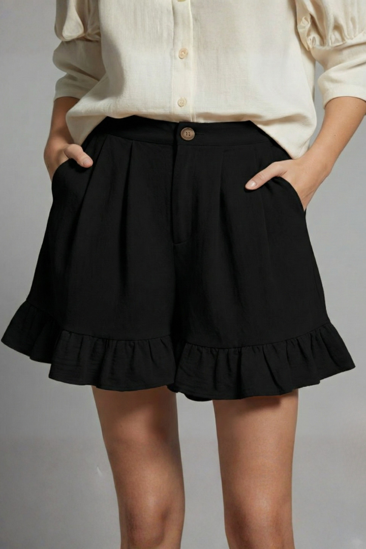 Effortless Textured Linen Shorts for Women with High Waist Button Front Pleated Ruffle Hem Style