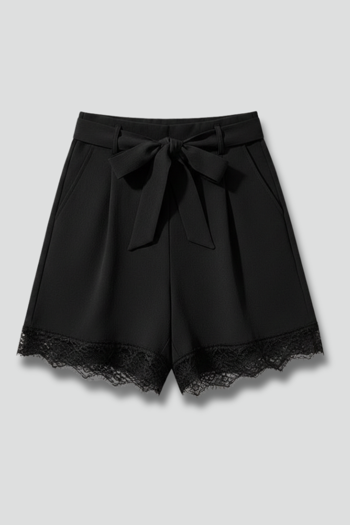 Elegant Black Lace Trim Shorts for Women with High Waist Tie Belt Pleated Relaxed Style