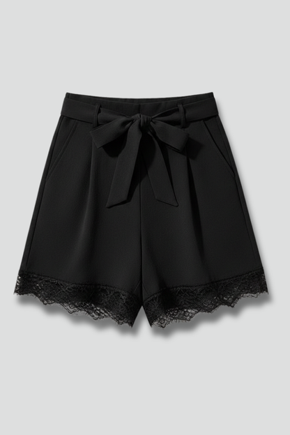 Elegant Black Lace Trim Shorts for Women with High Waist Tie Belt Pleated Relaxed Style