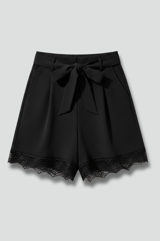 Elegant Black Lace Trim Shorts for Women with High Waist Tie Belt Pleated Relaxed Style