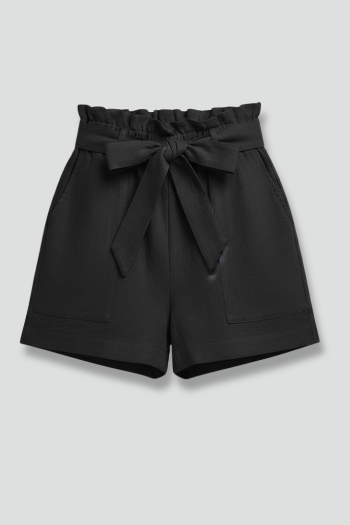Effortless Black Paperbag Shorts for Women with Tie Belt Front Pocket Relaxed Casual Style