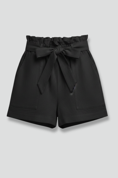 Effortless Black Paperbag Shorts for Women with Tie Belt Front Pocket Relaxed Casual Style