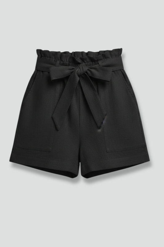 Effortless Black Paperbag Shorts for Women with Tie Belt Front Pocket Relaxed Casual Style