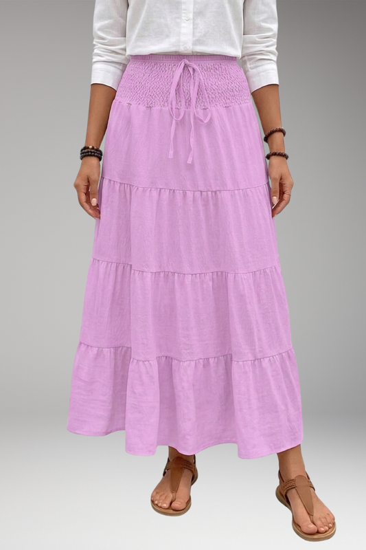 Effortless Light Purple Skirt for Women with High Waist Drawstring Tiered Maxi Flowing Bohemian Style