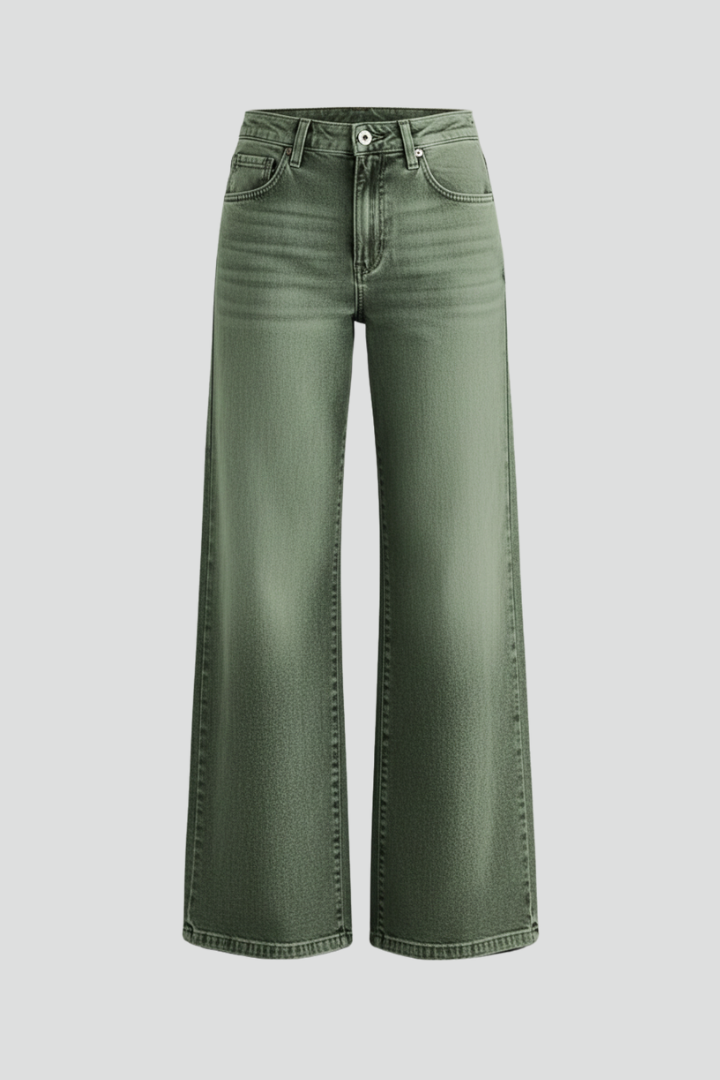 Effortless Army Green Wide Leg Jeans for Women with High Waisted Faded Wash Relaxed Casual Style
