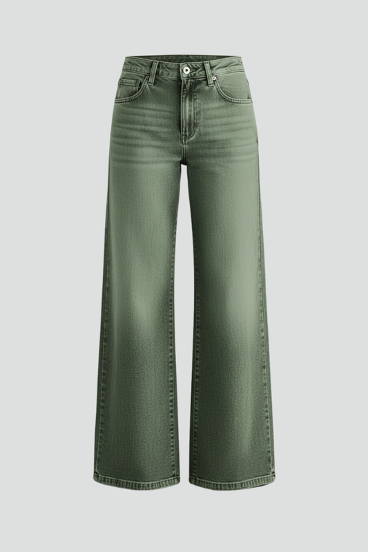 Effortless Army Green Wide Leg Jeans for Women with High Waisted Faded Wash Relaxed Casual Style