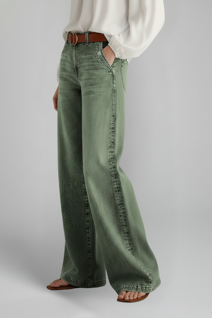 Effortless Army Green Wide Leg Jeans for Women with High Waisted Faded Wash Relaxed Casual Style