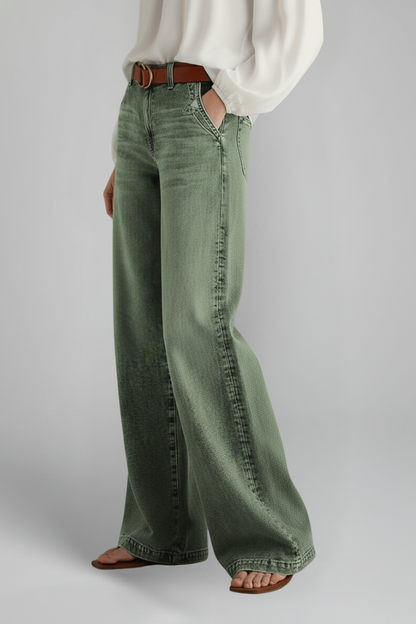 Effortless Army Green Wide Leg Jeans for Women with High Waisted Faded Wash Relaxed Casual Style