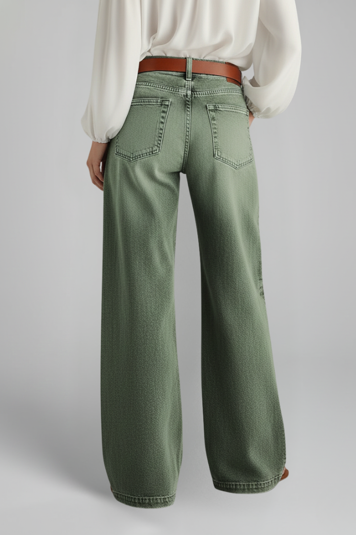 Effortless Army Green Wide Leg Jeans for Women with High Waisted Faded Wash Relaxed Casual Style