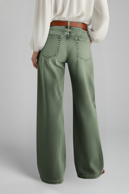 Effortless Army Green Wide Leg Jeans for Women with High Waisted Faded Wash Relaxed Casual Style