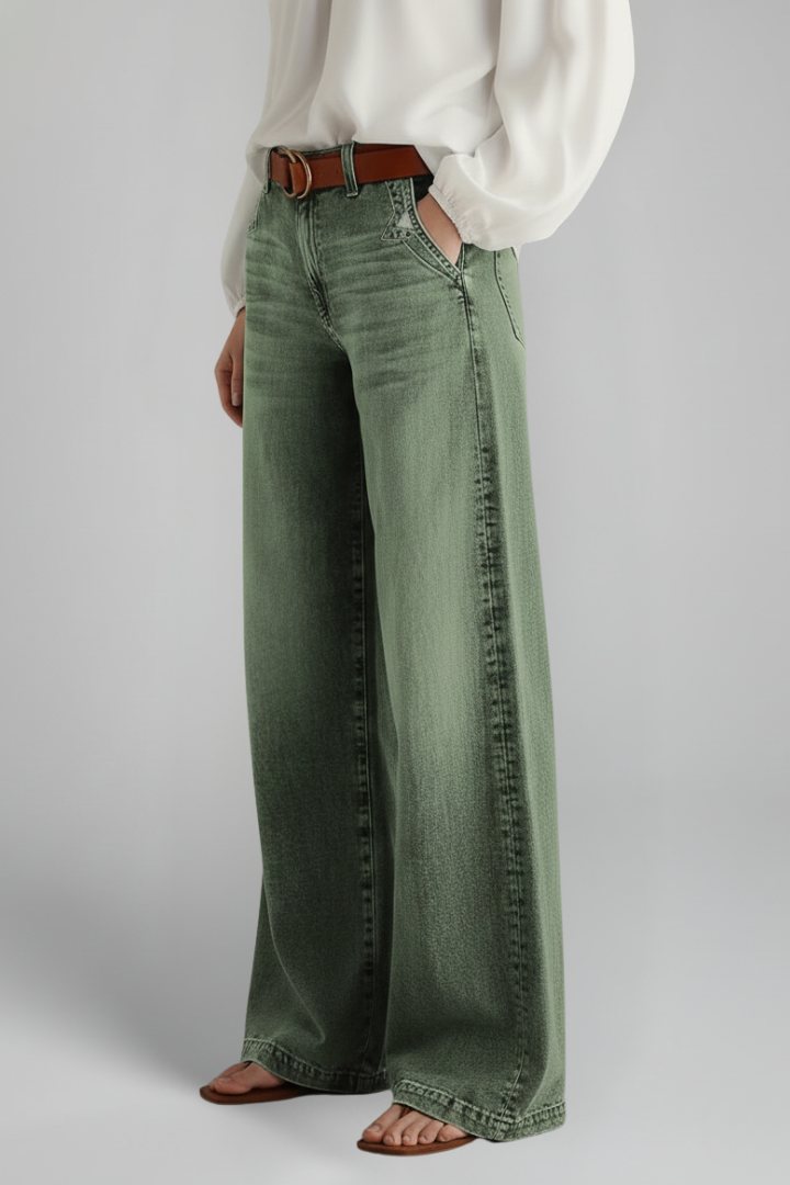Effortless Army Green Wide Leg Jeans for Women with High Waisted Faded Wash Relaxed Casual Style