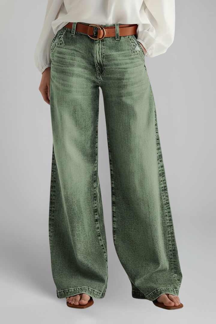 Effortless Army Green Wide Leg Jeans for Women with High Waisted Faded Wash Relaxed Casual Style