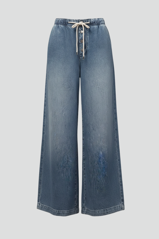 Effortless Light Blue Wide Leg Jeans for Women with Elastic Waist Drawstring Button Front Relaxed Casual Style