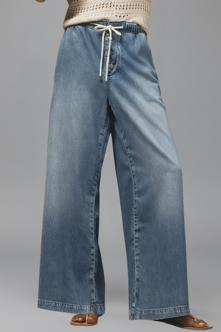 Effortless Light Blue Wide Leg Jeans for Women with Elastic Waist Drawstring Button Front Relaxed Casual Style