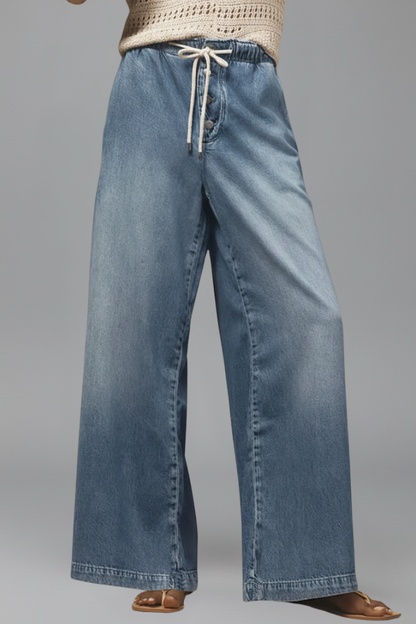 Effortless Light Blue Wide Leg Jeans for Women with Elastic Waist Drawstring Button Front Relaxed Casual Style