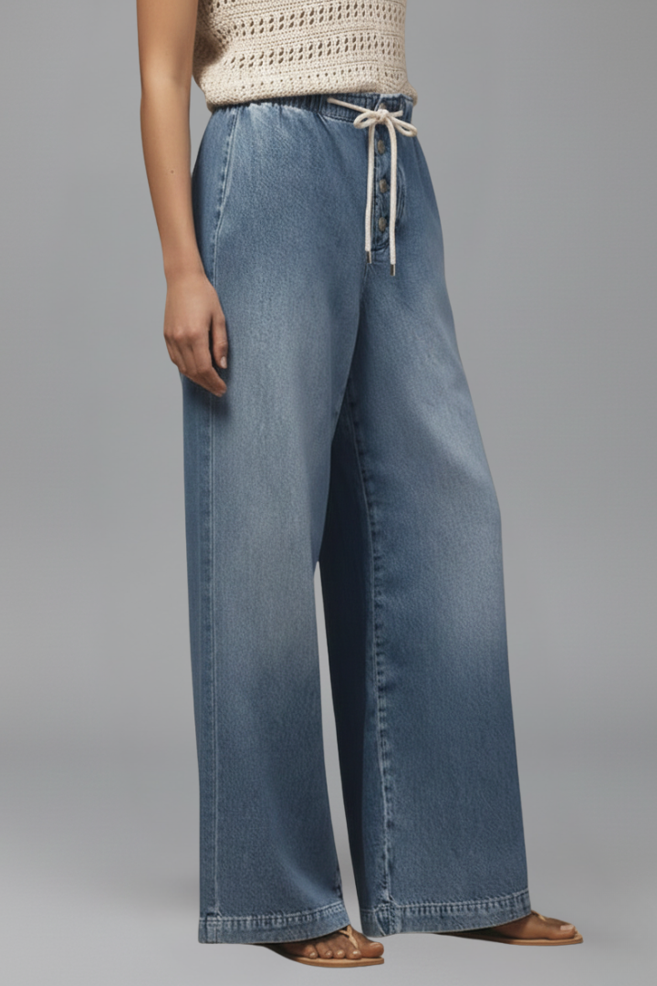 Effortless Light Blue Wide Leg Jeans for Women with Elastic Waist Drawstring Button Front Relaxed Casual Style