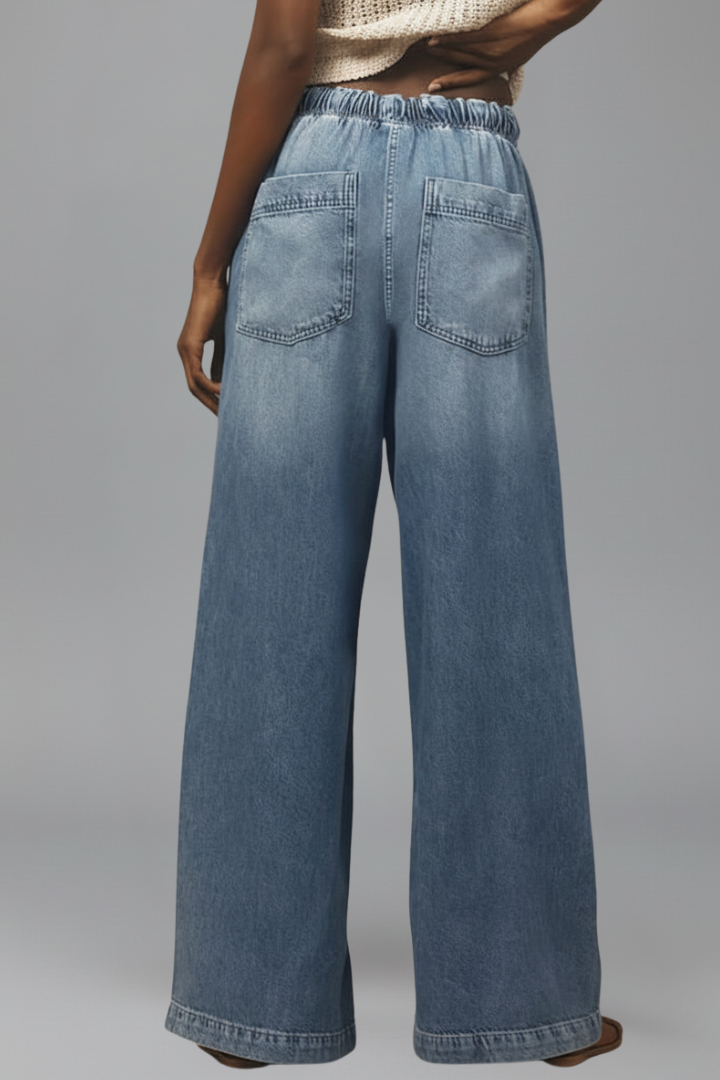Effortless Light Blue Wide Leg Jeans for Women with Elastic Waist Drawstring Button Front Relaxed Casual Style