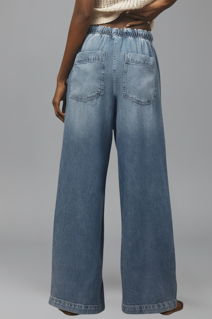 Effortless Light Blue Wide Leg Jeans for Women with Elastic Waist Drawstring Button Front Relaxed Casual Style