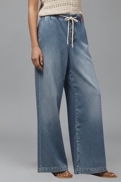 Effortless Light Blue Wide Leg Jeans for Women with Elastic Waist Drawstring Button Front Relaxed Casual Style