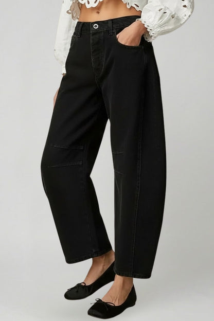 Effortless Denim Barrel Jeans for Women with High Waist Knee Seam Cropped Casual Style