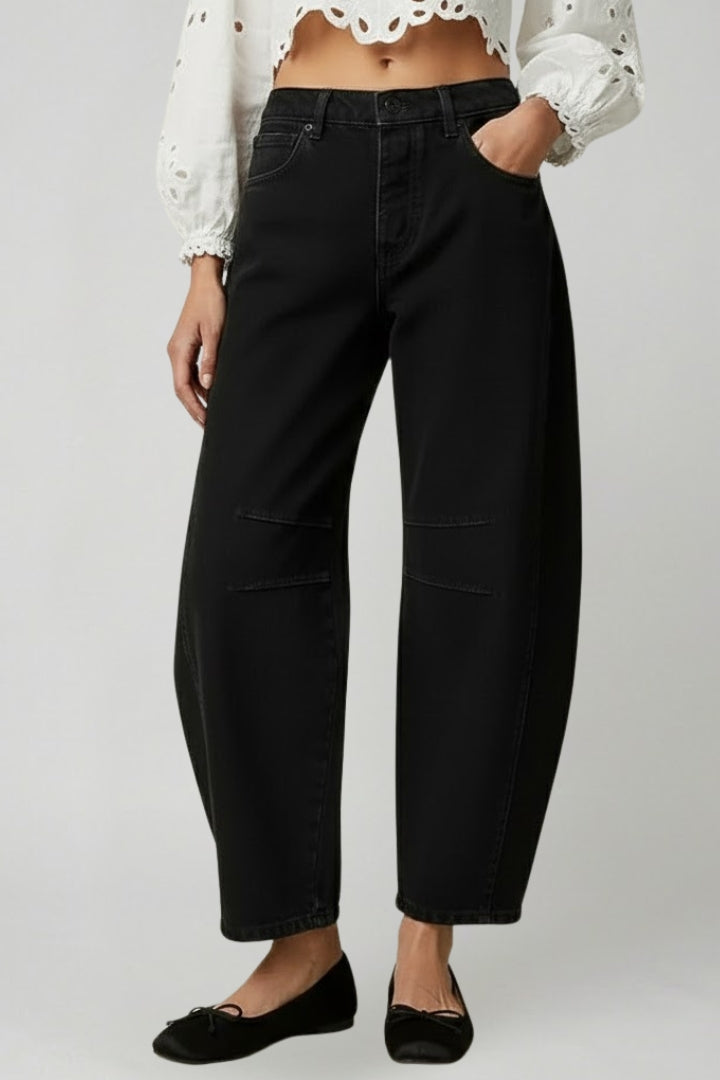 Effortless Denim Barrel Jeans for Women with High Waist Knee Seam Cropped Casual Style