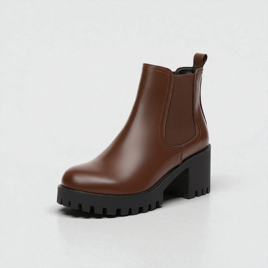 Chic Brown Chelsea Boots for Women with Chunky Chunky Sole Stacked Heel Ankle Style