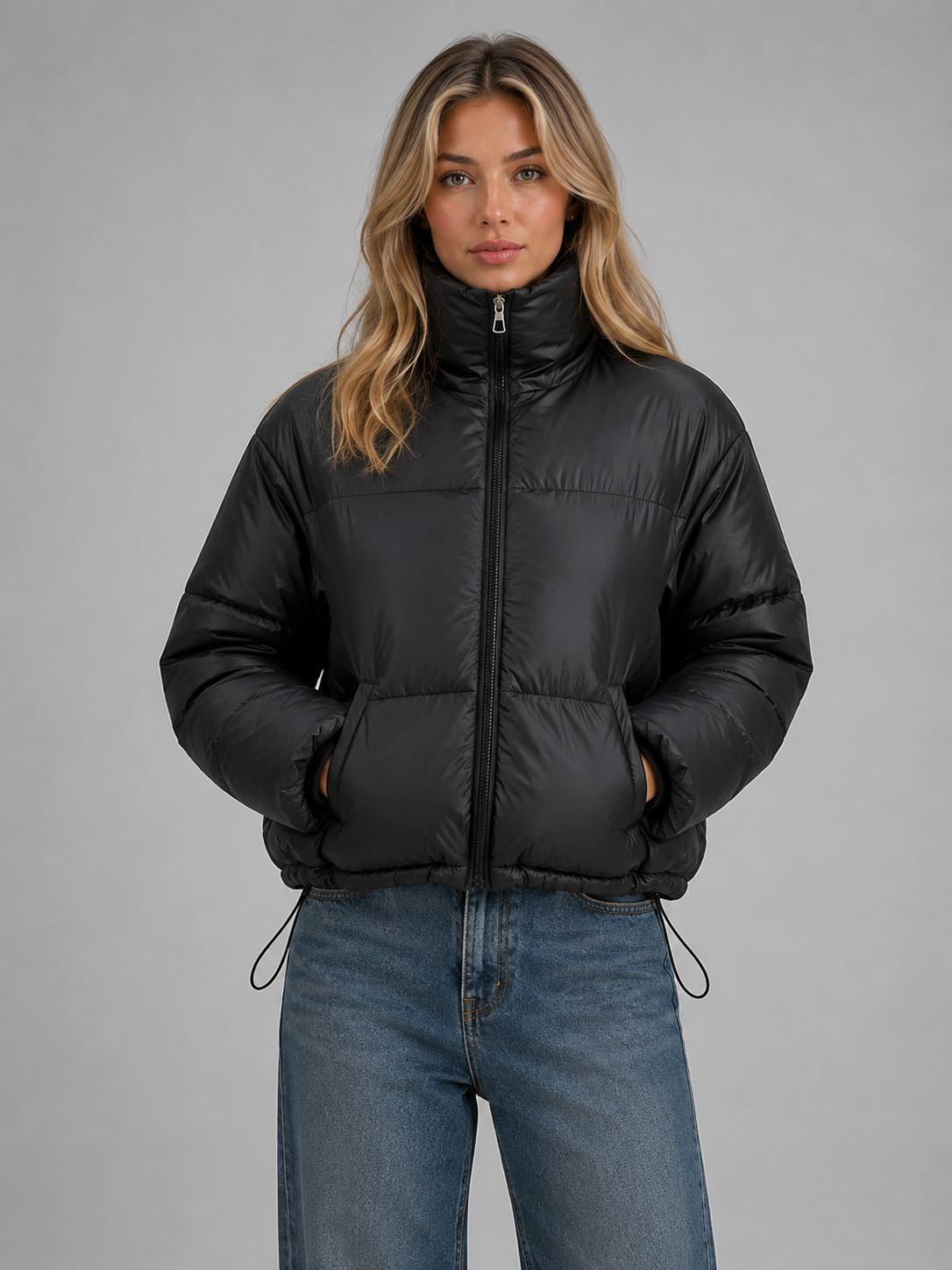 Chic Black Cropped Puffer Jacket for Women with High Neck Hooded Front Zip Insulated Cold Weather Style