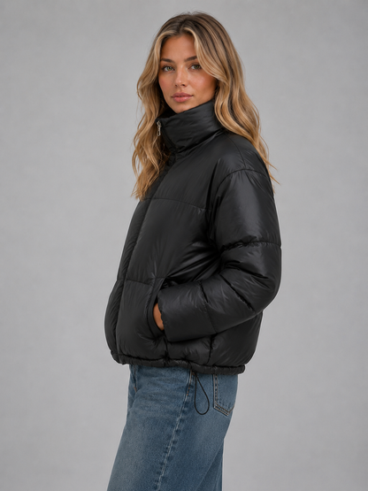 Chic Black Cropped Puffer Jacket for Women with High Neck Hooded Front Zip Insulated Cold Weather Style