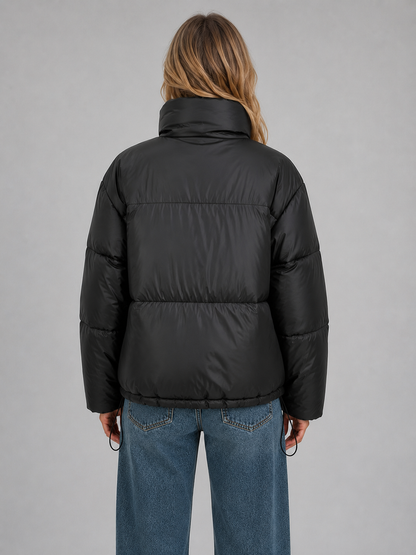 Chic Black Cropped Puffer Jacket for Women with High Neck Hooded Front Zip Insulated Cold Weather Style