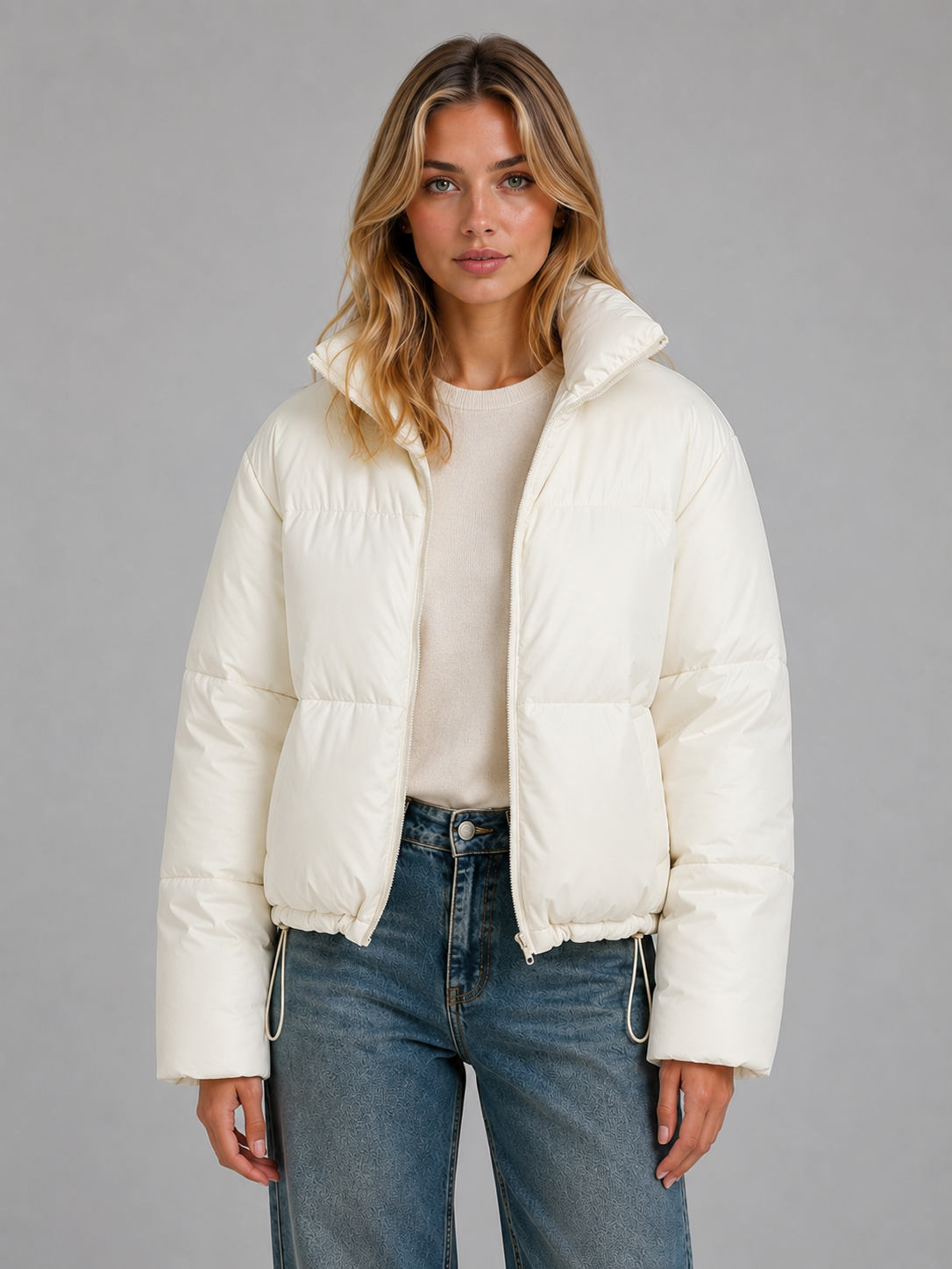 Chic Black Cropped Puffer Jacket for Women with High Neck Hooded Front Zip Insulated Cold Weather Style