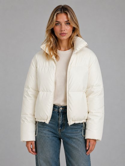 Chic Black Cropped Puffer Jacket for Women with High Neck Hooded Front Zip Insulated Cold Weather Style