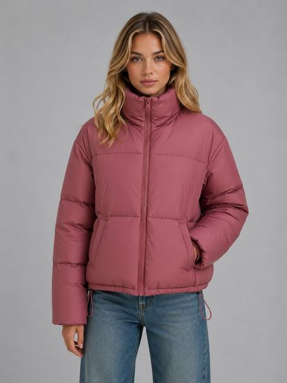 Chic Black Cropped Puffer Jacket for Women with High Neck Hooded Front Zip Insulated Cold Weather Style