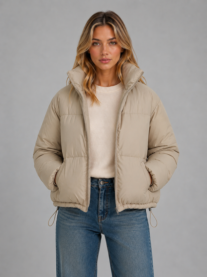 Chic Black Cropped Puffer Jacket for Women with High Neck Hooded Front Zip Insulated Cold Weather Style