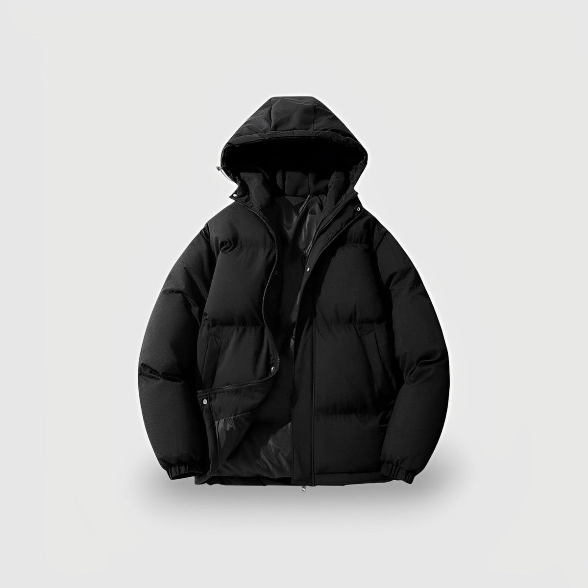 Chic Black Hooded Puffer Jacket for Women with Front Zip Drawstring Hem Quilted Insulated Cold Weather Style