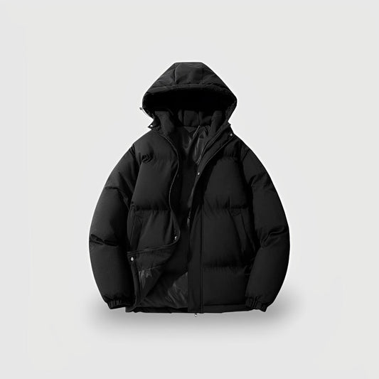 Chic Black Hooded Puffer Jacket for Women with Front Zip Drawstring Hem Quilted Insulated Cold Weather Style