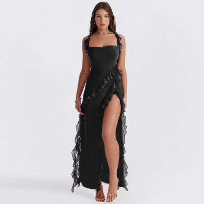 Effortless Wine Wedding Guest Maxi Dress for Women with Square Neck Sleeveless Ruffle Side Slit Cocktail Style