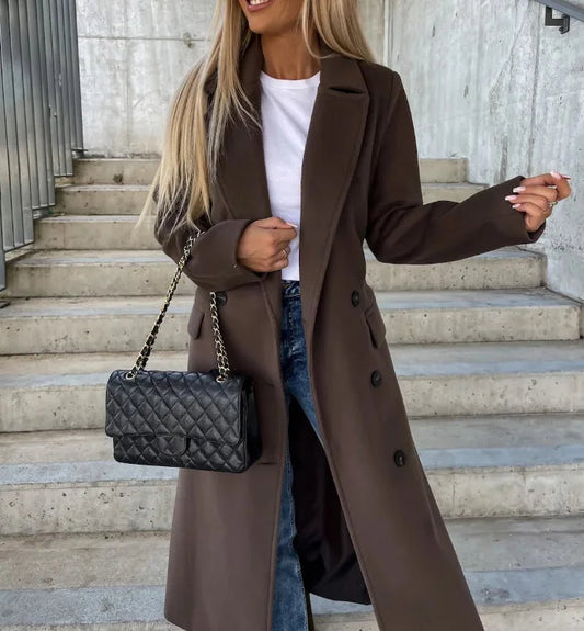 Classic Brown Long Wool Coat for Women with Notched Lapel Double Breasted Tie Belt Tailored Cold Weather Style