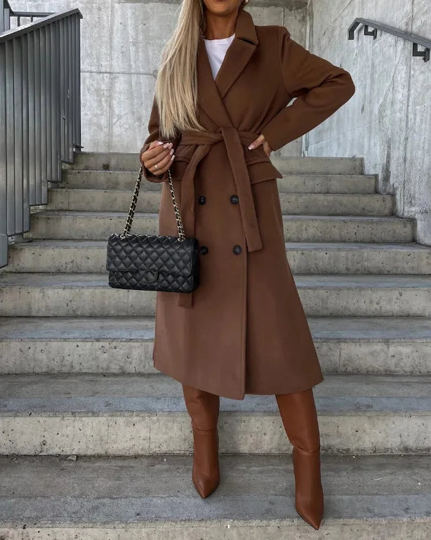Classic Brown Long Wool Coat for Women with Notched Lapel Double Breasted Tie Belt Tailored Cold Weather Style