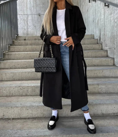 Classic Brown Long Wool Coat for Women with Notched Lapel Double Breasted Tie Belt Tailored Cold Weather Style