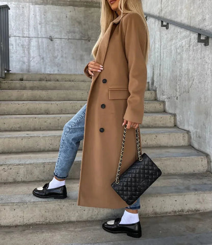 Classic Brown Long Wool Coat for Women with Notched Lapel Double Breasted Tie Belt Tailored Cold Weather Style