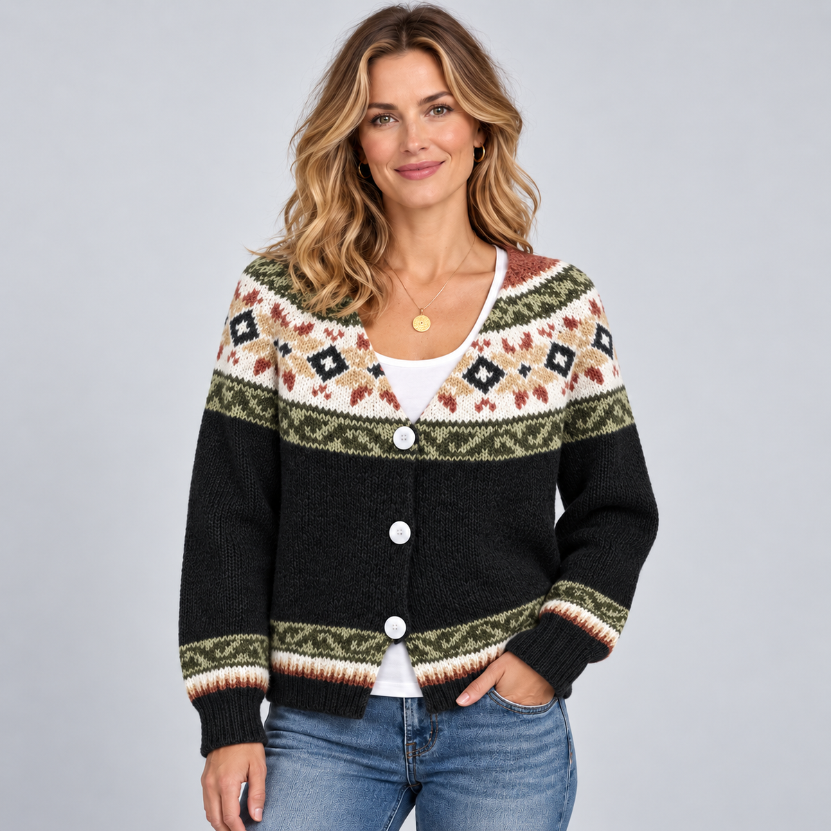 Women's Patterned Button Front V Neck Cardigan