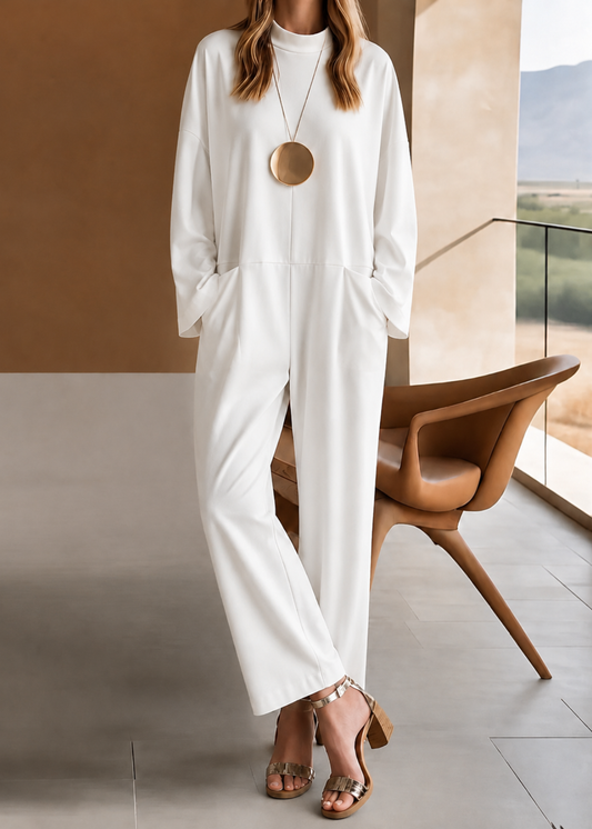 Effortless Wide Leg Jumpsuit for Women with Mock Neck Long Sleeve Relaxed Oversized Style
